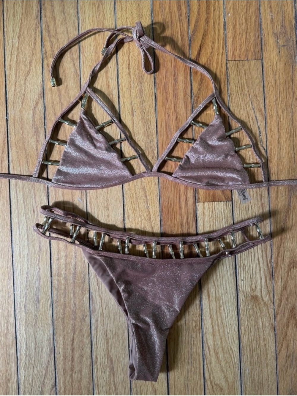 Beach Bunny Shimmery Bronze Strappy Triangle Bikini